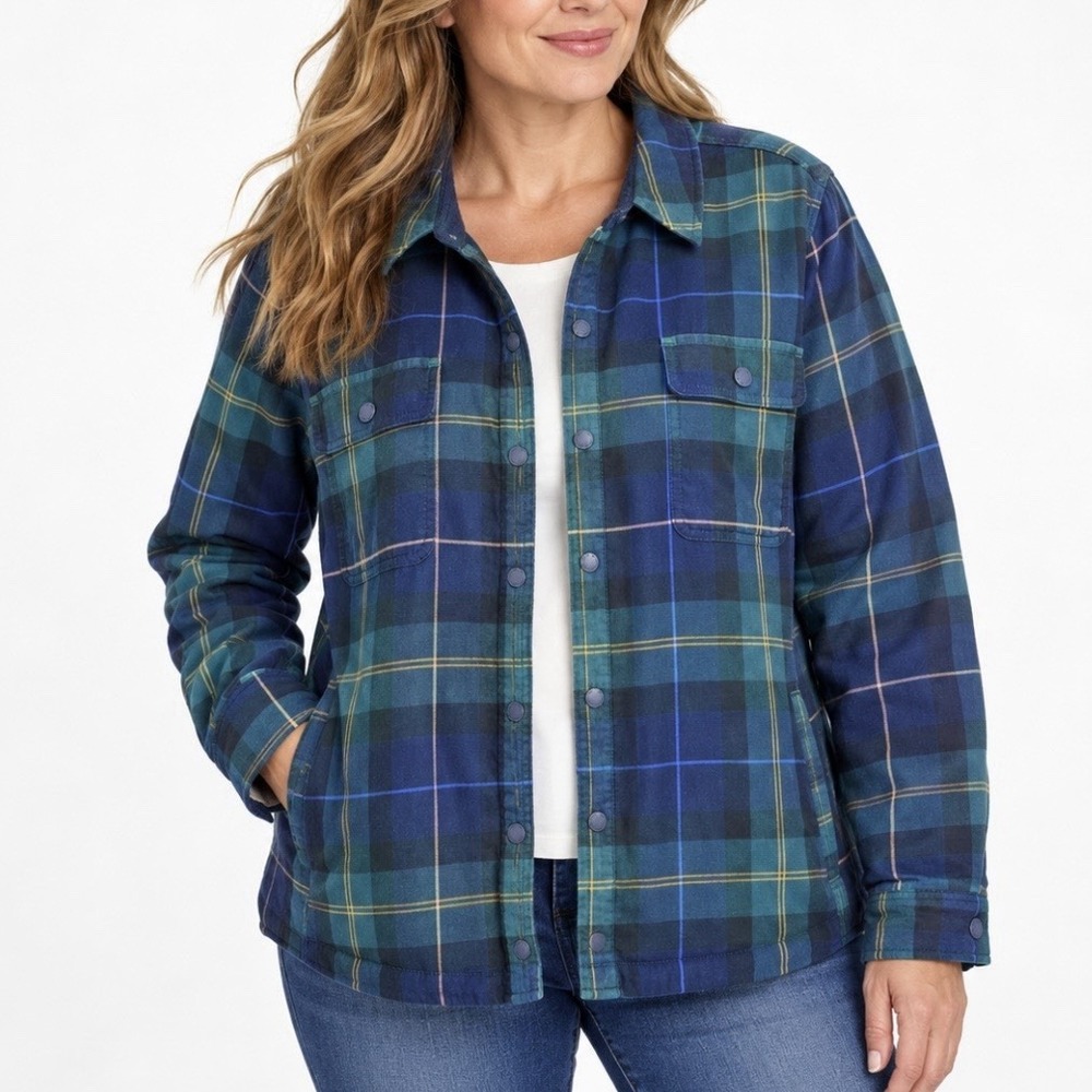 LL Bean Blue Plaid Fleece Lined Flannel Snap Shirt Jacket Shacket Women 1X